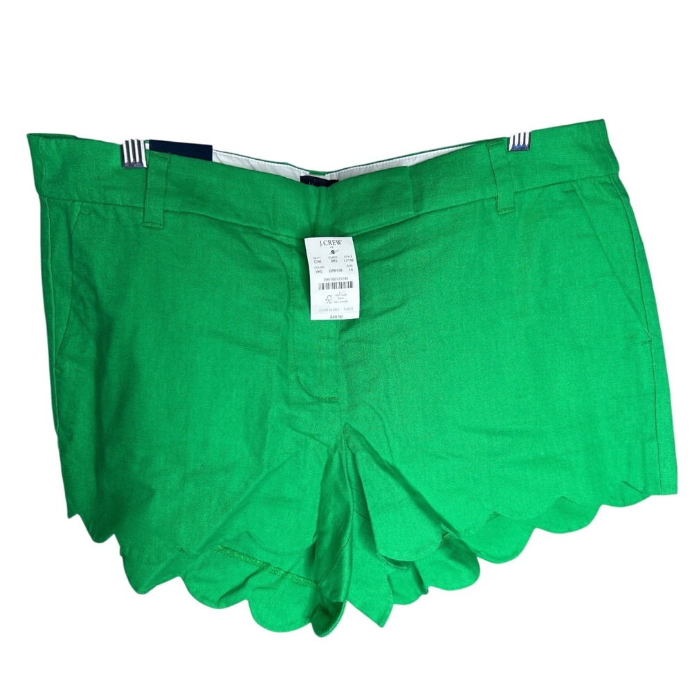J.Crew Womens Sz 14 4 Inch Scalloped Hem Shorts Green Linen Blend L2142 NEW